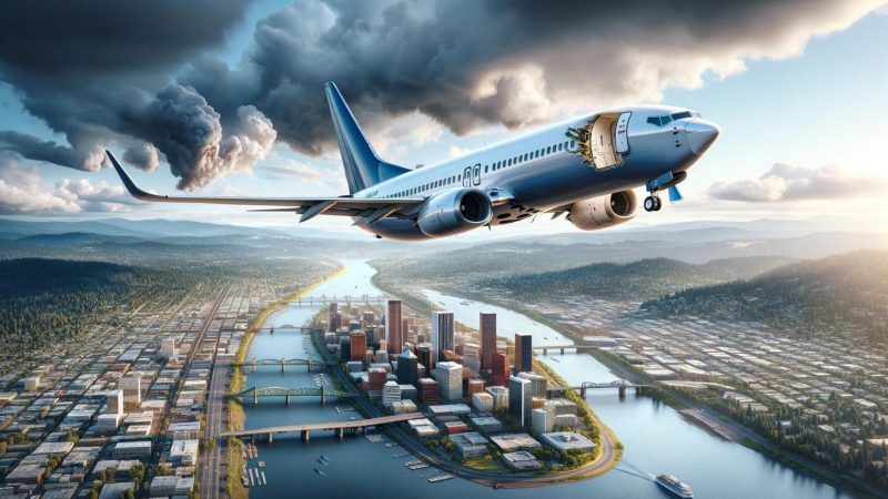 AI image of a plane flying over Portland, OR with a door gone