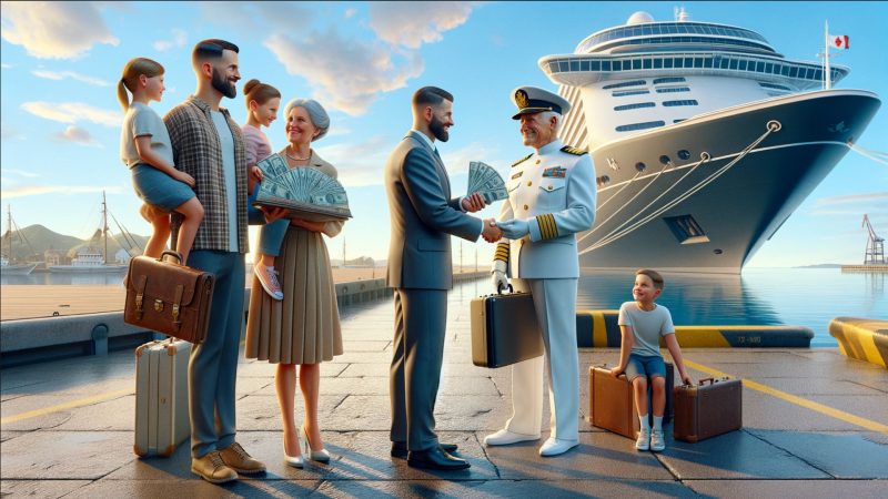 AI image of family handing cash over to cruise captain