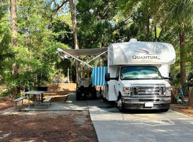 RV at a campsite at Disneys fort wilderness with an Eye window shade