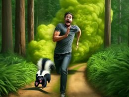 skunk stinking and chasing man in forest