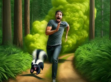 skunk stinking and chasing man in forest