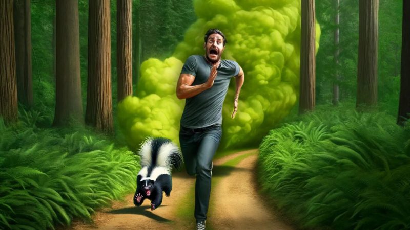 skunk stinking and chasing man in forest