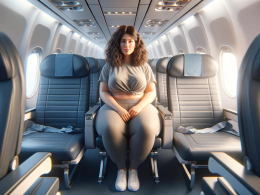 ai image of an overweight woman on an airplane in the middle of the aisle
