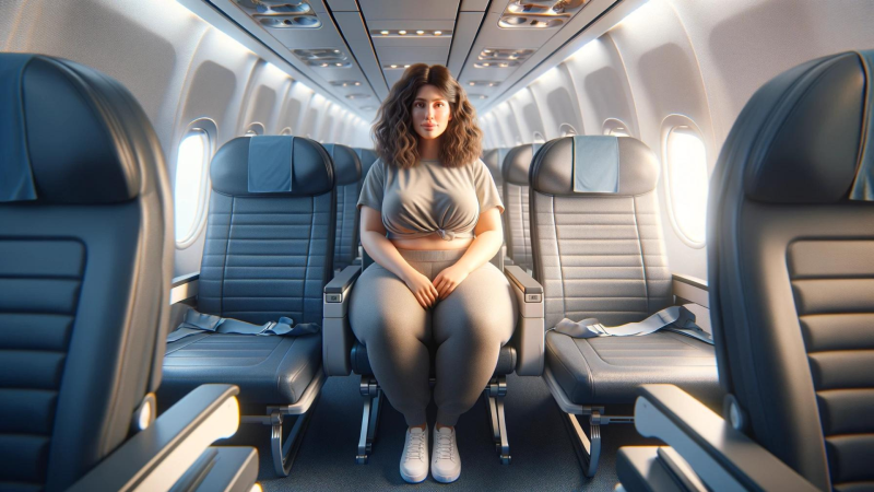 ai image of an overweight woman on an airplane in the middle of the aisle