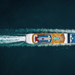 Cruise ship sailing through the water with wake.
