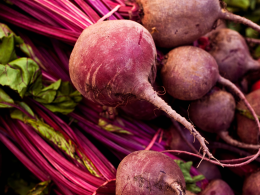 A stack of red beets