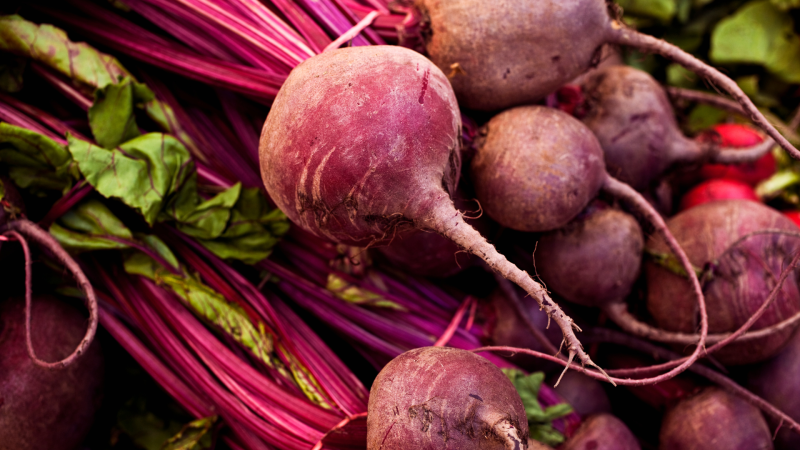 A stack of red beets