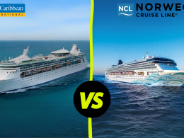 Royal Caribbean International Ship and a Norwegian Cruise Line ship side by side with a VS symbol down the middle.