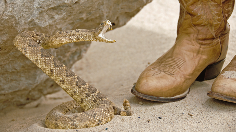 Rattlesnake attempting to bite someone wearing leather boots.
