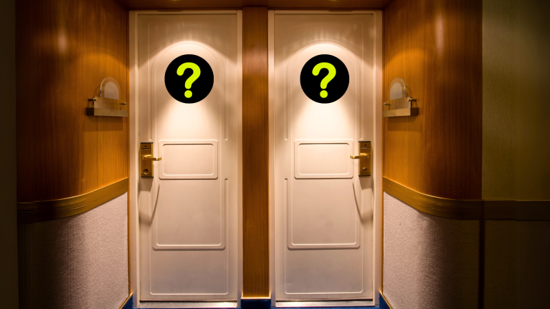 Cruise ship cabin doors with two question marks over each one.
