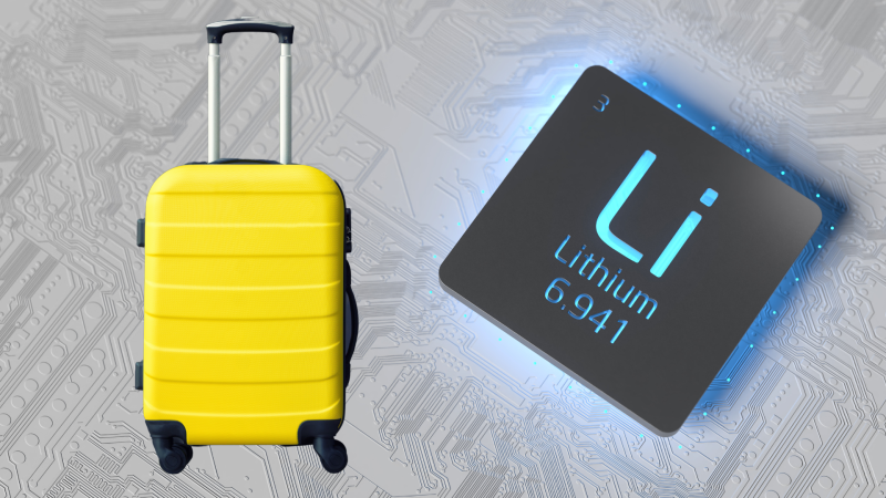 Yellow suitcase alongside a lithium battery.