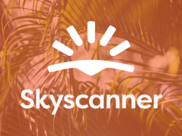 Skyscanner logo in front of orange background with palm fronds.