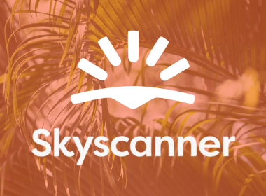 Skyscanner logo in front of orange background with palm fronds.