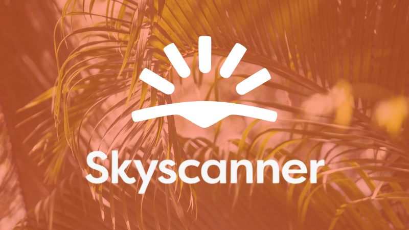 Skyscanner logo in front of orange background with palm fronds.