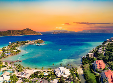 St. Thomas U.S. Virgin Island aerial with sunset in the background.