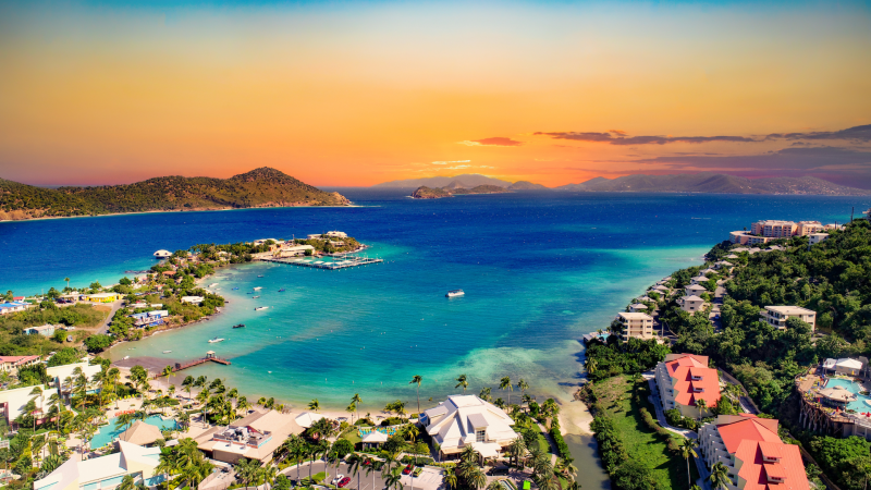 St. Thomas U.S. Virgin Island aerial with sunset in the background.