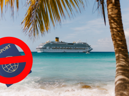 Cruise ship sailing in open waters with a beach and palm tree frond framing the photo. A passport graphic with a ban or no sign overlaying it.