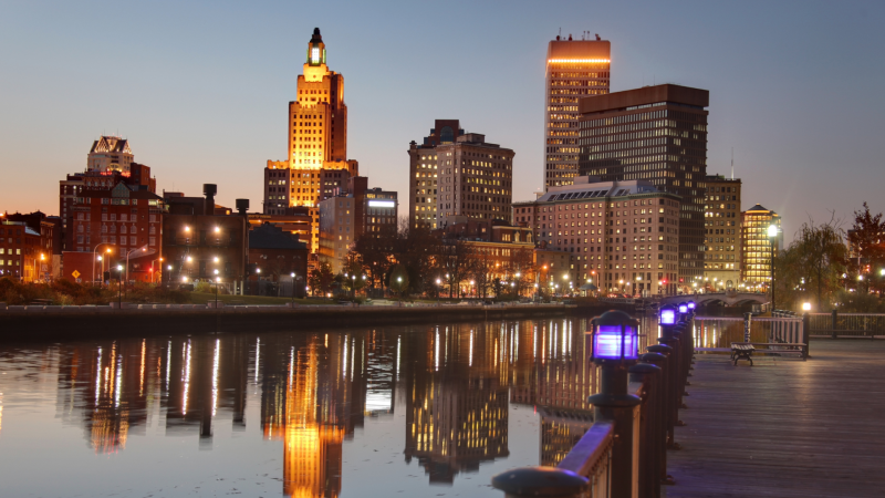 A cityscape photograph at dusk of Providence, the capitol of Rhode Island.