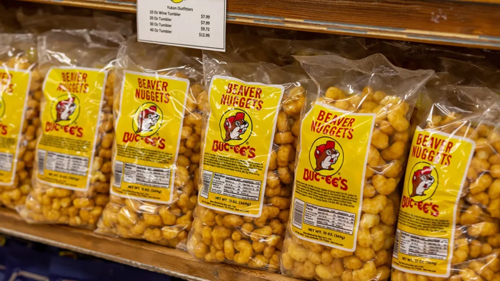 Beaver nuggets lined up on a shelf in a Buc-ee's store. 