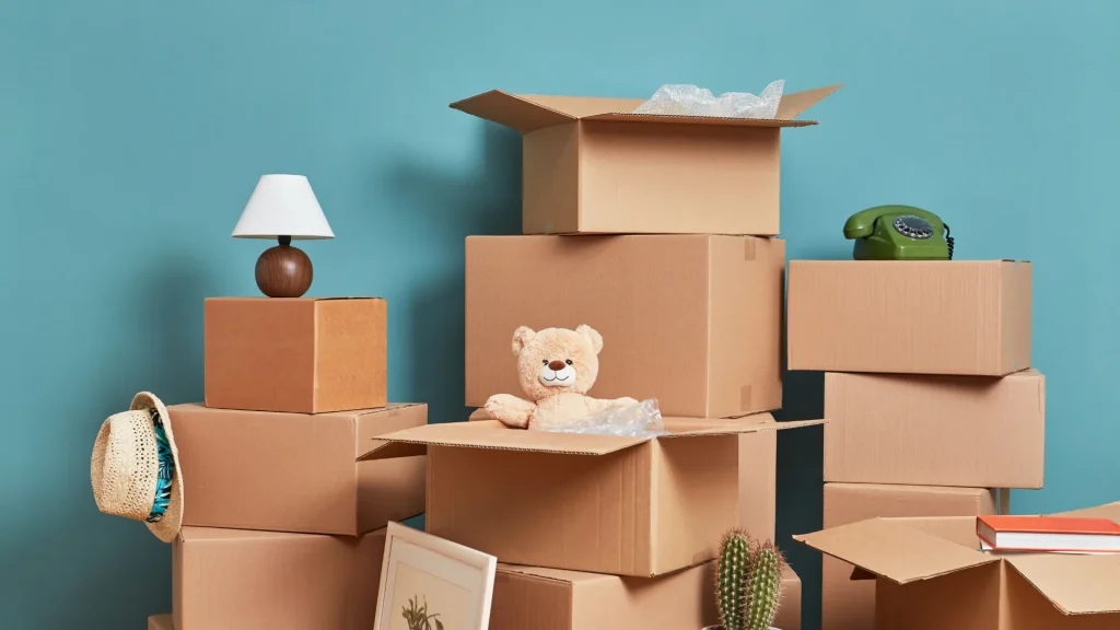 Moving boxes against a blue wall with random personal affects strewn about, including a cactus, fedora, bear, lamp, corded telephone, and a picture. 
