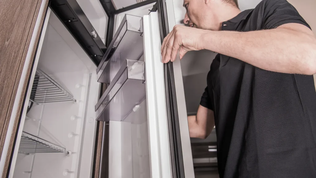 A person doing maintenance on an RV fridge.