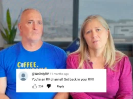 Influencers Today is Someday sitting on their couch with solemn faces with a comment from a follower overlaying the photo that says: "You're an RV Channel. Get back in your RV!" They posted this after realized full-time travel ruined Today is Someday.