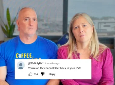 Influencers Today is Someday sitting on their couch with solemn faces with a comment from a follower overlaying the photo that says: "You're an RV Channel. Get back in your RV!" They posted this after realized full-time travel ruined Today is Someday.