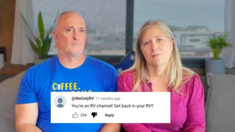 Influencers Today is Someday sitting on their couch with solemn faces with a comment from a follower overlaying the photo that says: "You're an RV Channel. Get back in your RV!" They posted this after realized full-time travel ruined Today is Someday.