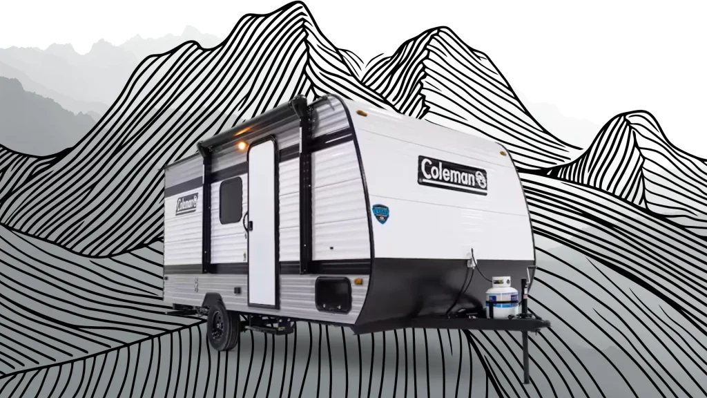 A Coleman travel trailer against a black lined mountain range graphic.