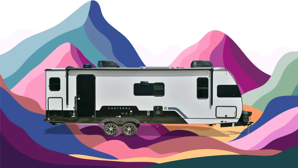 A colorful graphic of a mountain range in pinks, blues, oranges, yellows, and greens sits behind a Heartland Travel Trailer.