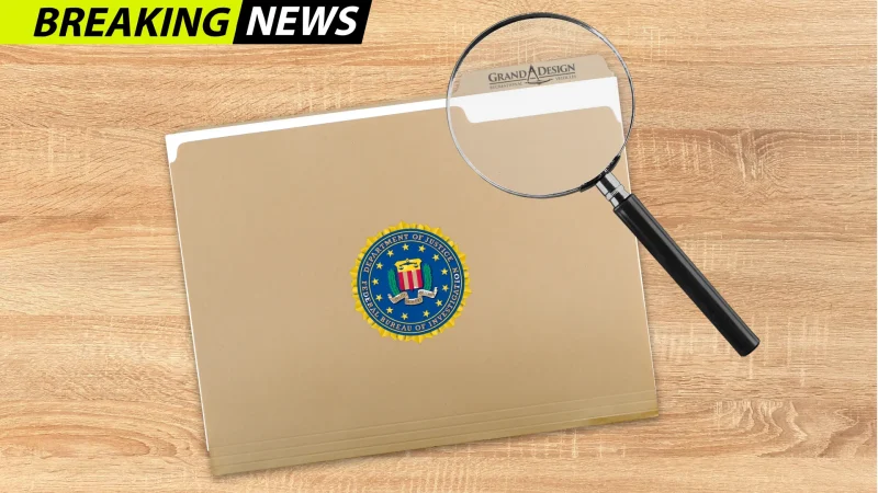 A wood background with a manila folder that has the FBI logo on the front and Grand Design's logo on the tab. In the upper lefthand corner is a bright green and black graphic stating "BREAKING NEWS" as a magnifying glass sit over the Grand Design logo on the folder.