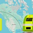 A map of the United States and Canada, showing a traveling path from Miami to Anchorage. A lime green train graphic sits on the righthand side and a matching suitcase graphic on the lefthand.
