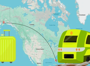 A map of the United States and Canada, showing a traveling path from Miami to Anchorage. A lime green train graphic sits on the righthand side and a matching suitcase graphic on the lefthand.