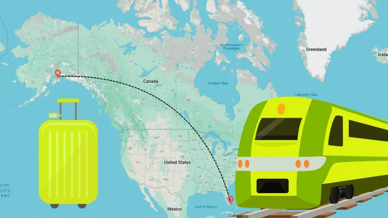 A map of the United States and Canada, showing a traveling path from Miami to Anchorage. A lime green train graphic sits on the righthand side and a matching suitcase graphic on the lefthand.