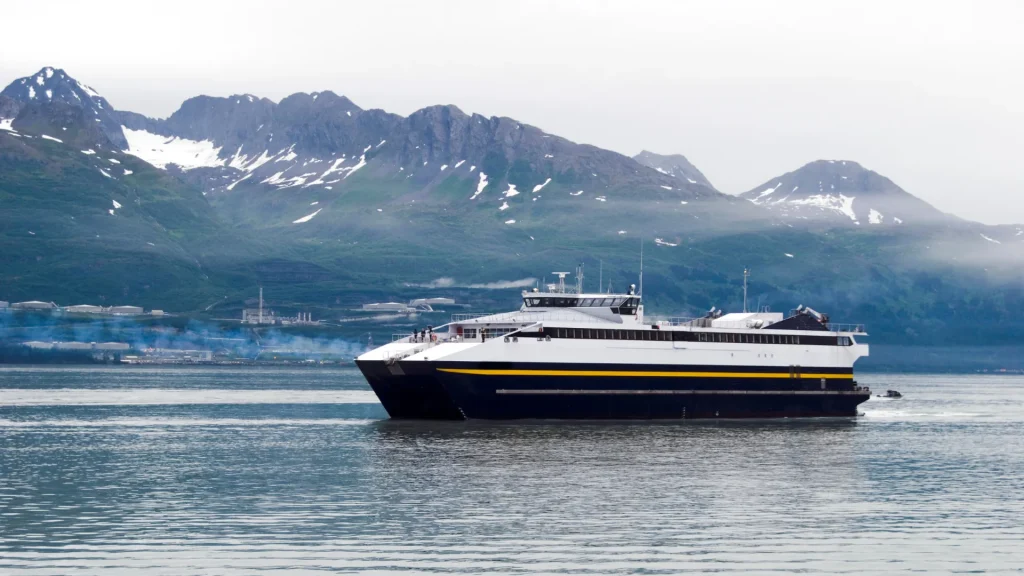 A ferry boat in Alaska, it's upper half is white and the lower is black with a goldenrod stripe along the side. There are snowcapped rocky landscapes behind it as it coasts along the grey-blue water.