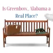 A bench with a suitcase and a box of chocolates sitting on it as a white feather floats down. The images emulate the original cover of the Forrest Gump movie.