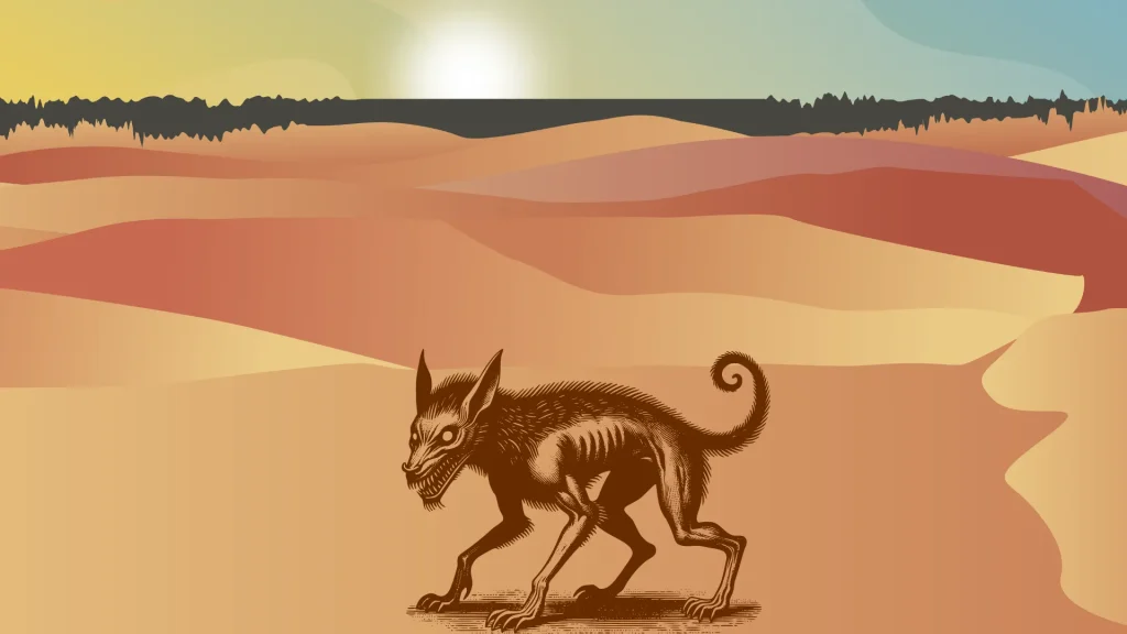 A graphic of a chupacabra in a desert landscape.