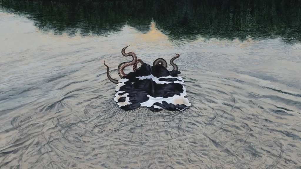 A depiction of El Cuero in a photograph edited by Victor Mahana. It looks like a cow-hide floating on the surface of the water as tentacles appear behind it.