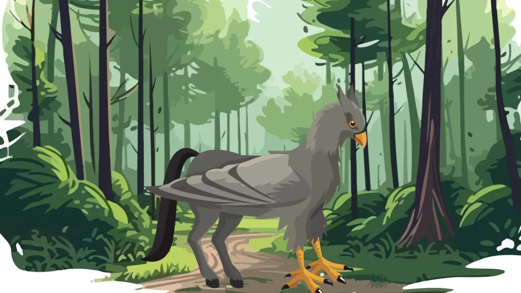 A graphic of a hippogriff in a forest landscape.