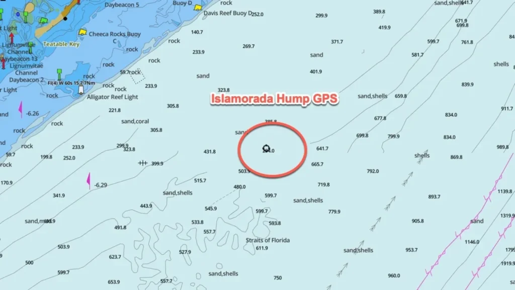 A GPS map with the Islamorada Hump circled in red. 