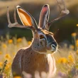 An AI generated image of a jackelope in a field of grass at dusk.