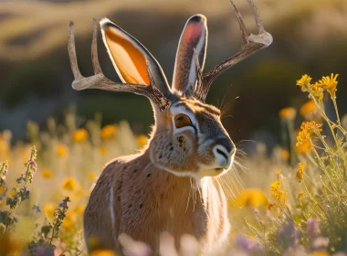 An AI generated image of a jackelope in a field of grass at dusk.