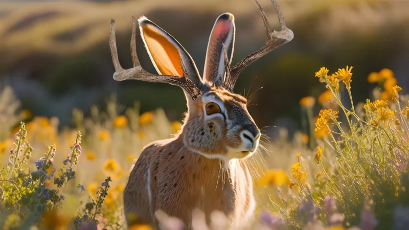An AI generated image of a jackelope in a field of grass at dusk.