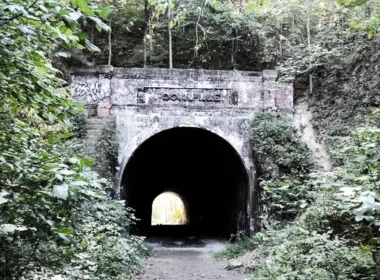 The Moonville Tunnel, a brick tunnel surrounded by overgrown foliage.