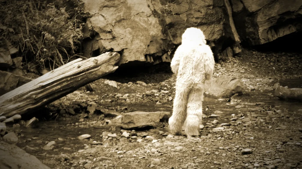 An old sepia toned photograph of what a yeti might look like in a forest setting, standing in front of some large rocks.