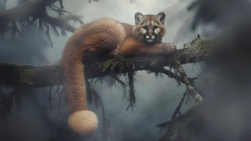 An illustration of the ball-tailed cat in a mossy tree as fog surrounds it.