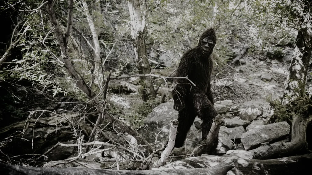 A photo of a person in a big foot costume posing in the woods.