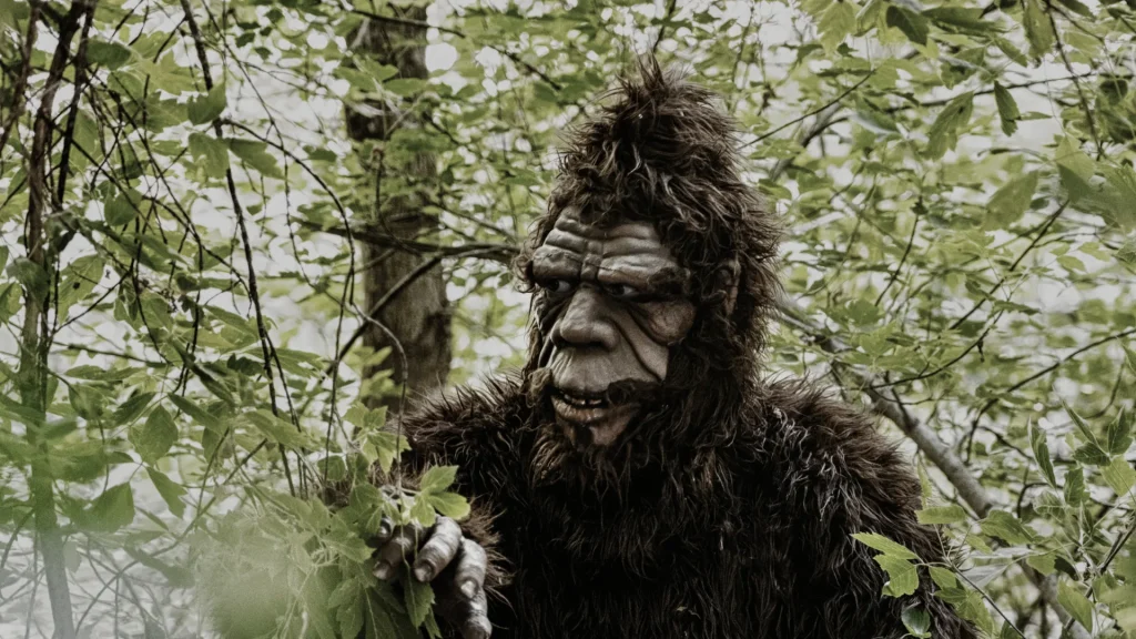 An image of a person in a bigfoot costume in a forest surrounded by trees and branches full of green leaves.