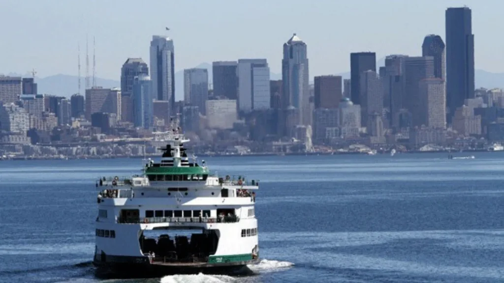 A ferry leaving Seattle for Bainbridge Island on a grey day.