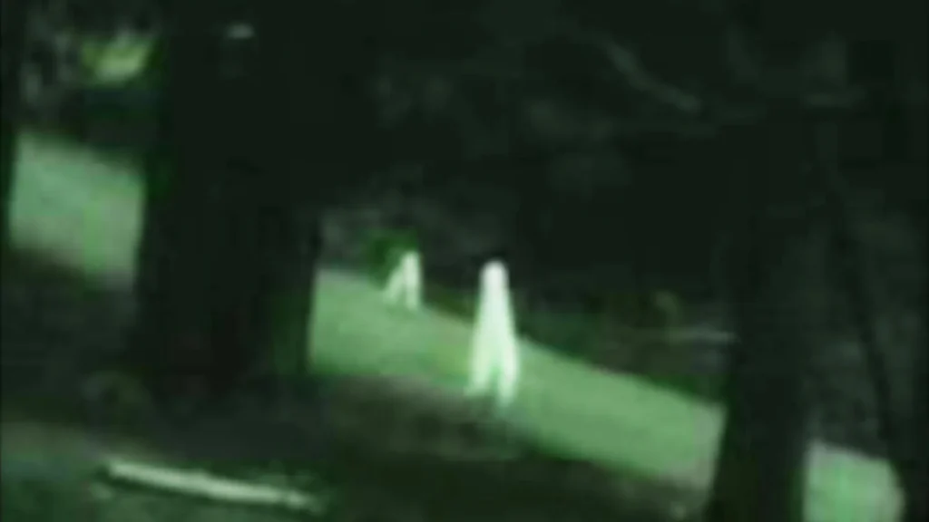 A photo from a news article from the Fresno Bee capturing the Fresno Nightcralwers. The photo is green from the night camera as two white figures walk up a hill.